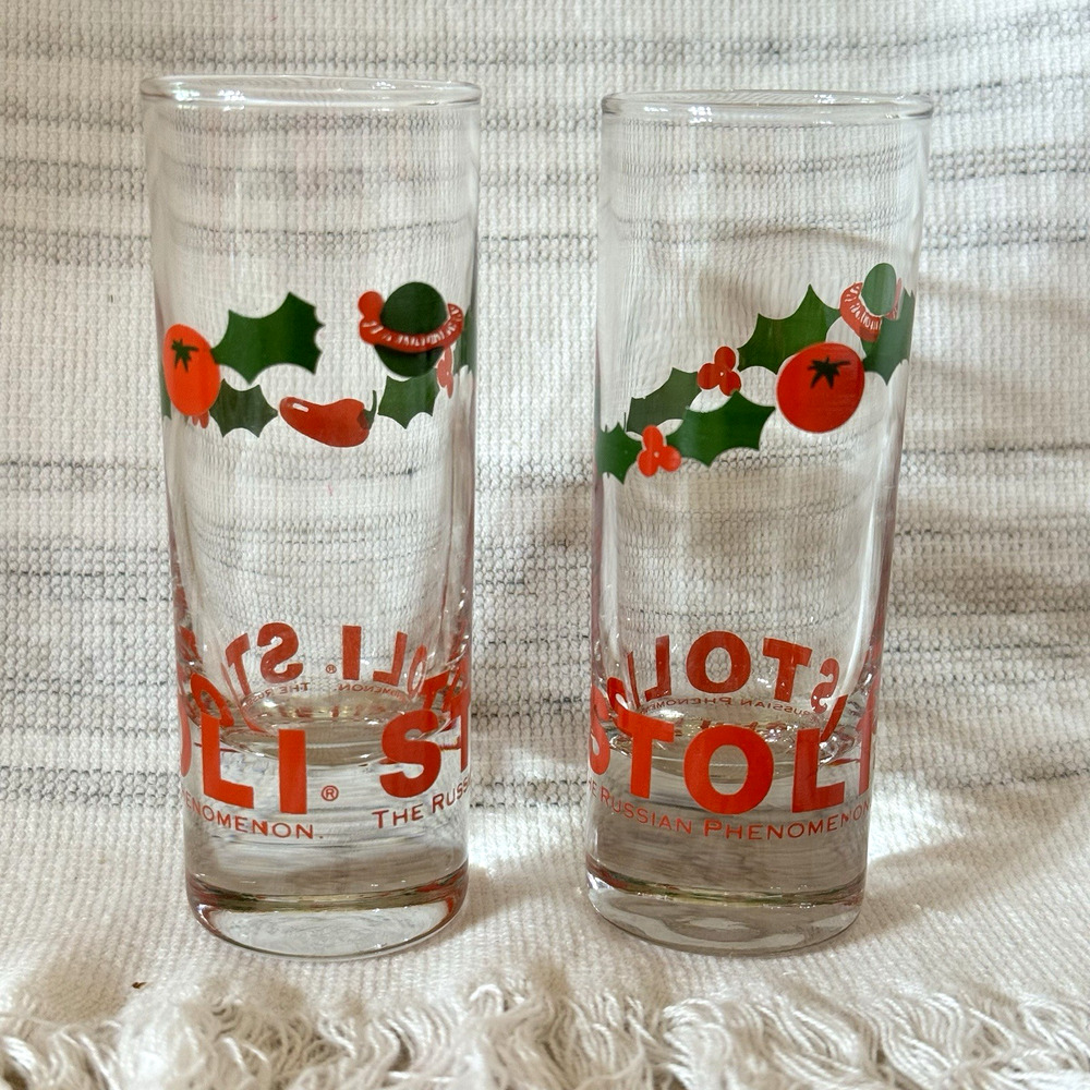 Vintage Soli Holiday Shot Glasses (2) Christmas Barware Stoli Lover Fan